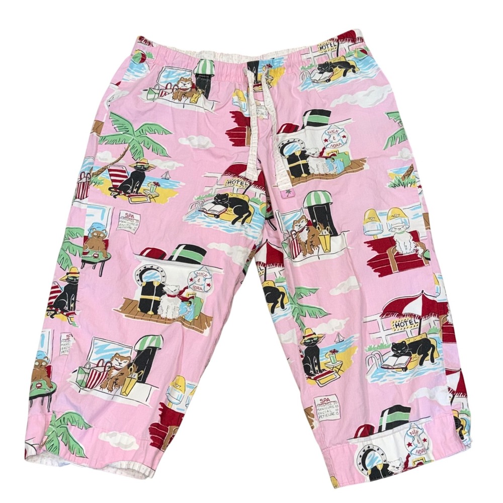 Nick & Nora Pink Cat Resort Spa Pajama Pants Women XL Cotton Cropped Sleepwear